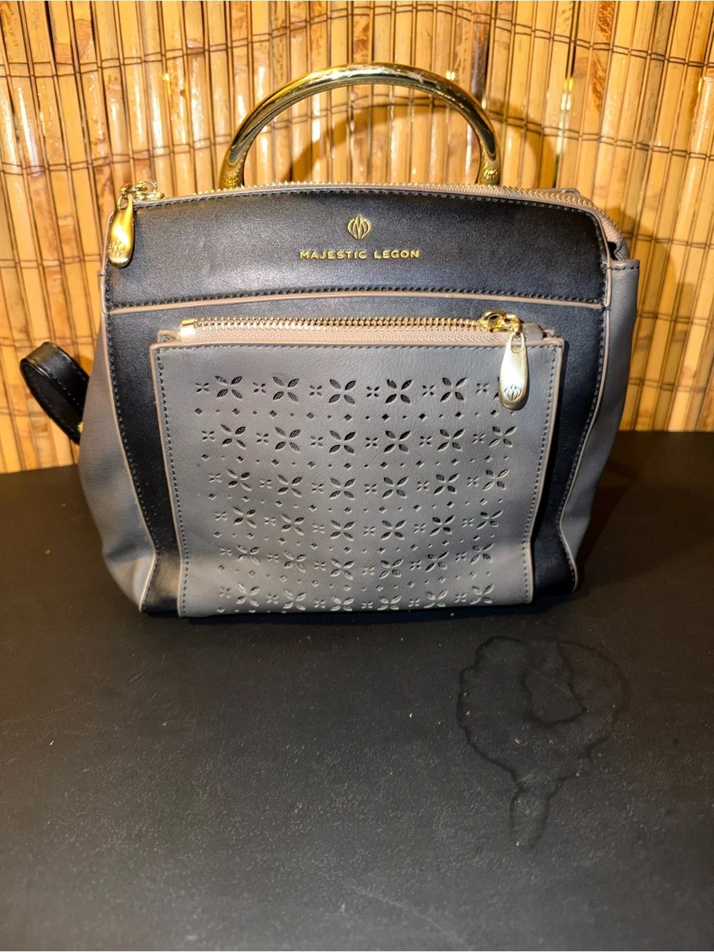 Majestic Black & Gray Perforated Backpack Handbag with Gold Handle